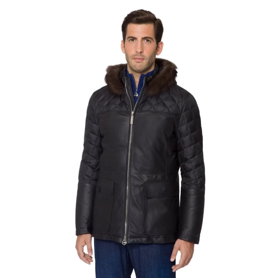 "Stefano Ricci Men's Luxury Hooded Down Jacket with Pekan Fur Trim"