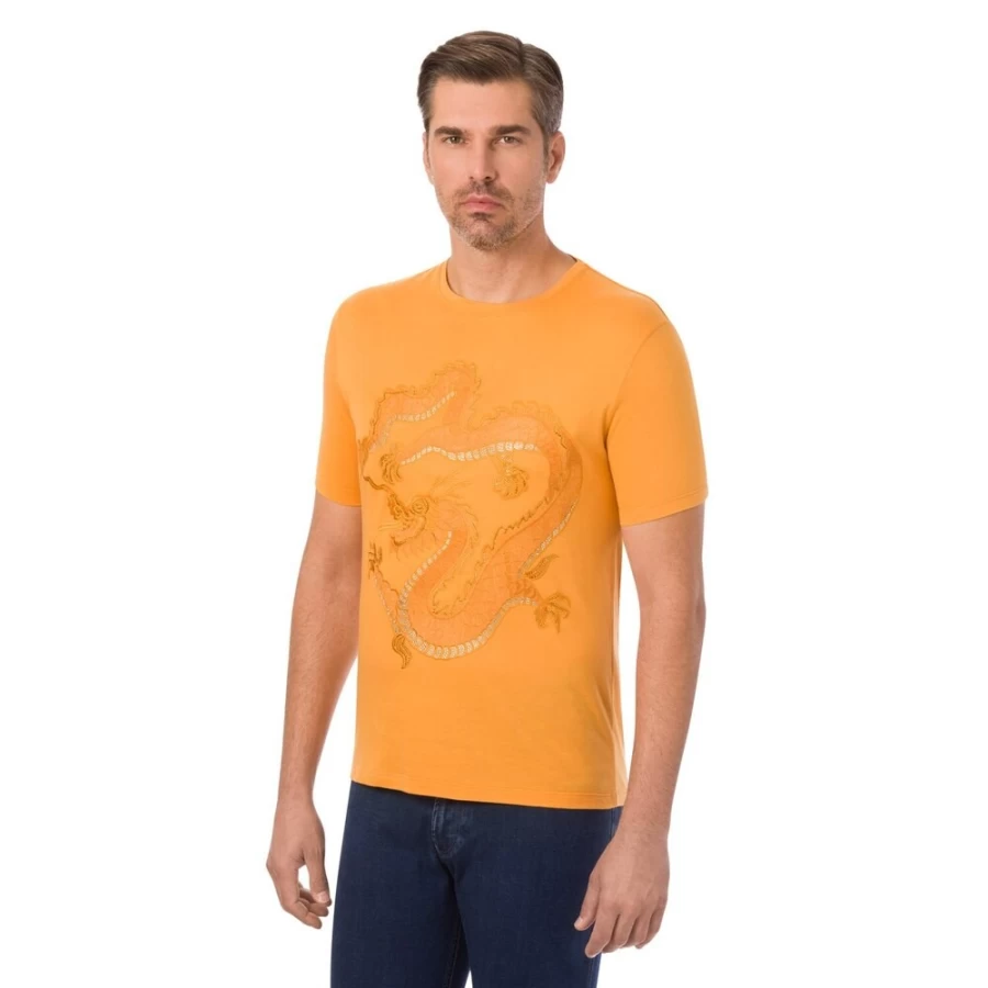 Stefano Ricci Men's Luxury T-Shirt with Chinese Dragon Design & Swarovski Crystal Embellishments in Y011 Gold Color