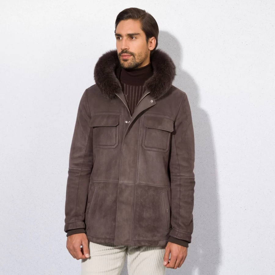 Stefano Ricci Men's Luxury Hooded Coat with Genuine Fox Fur Trim