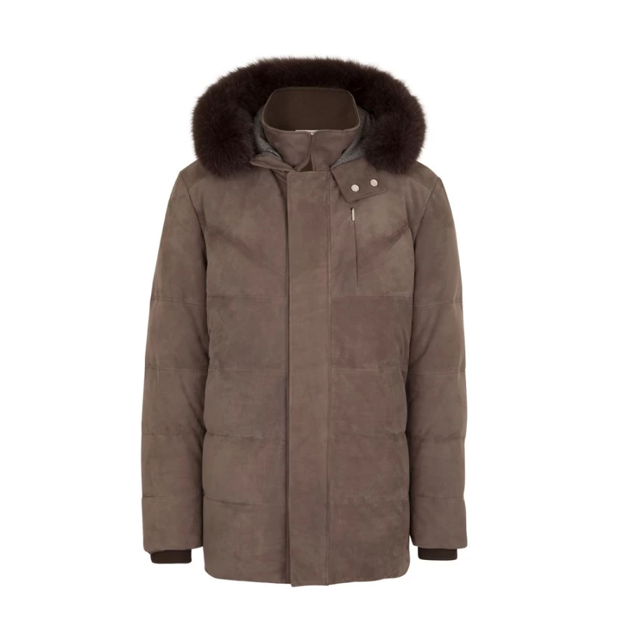 "Stefano Ricci Men's Luxurious Nubuck Jacket with Fox Fur Hood – Premium Padded Outerwear"