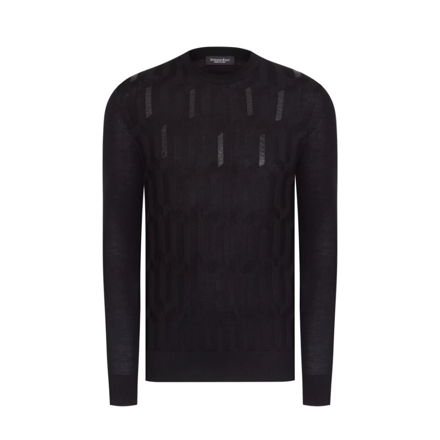 Stefano Ricci Men's Crocodile Leather Trim Crew Neck Sweater in F19427_2131