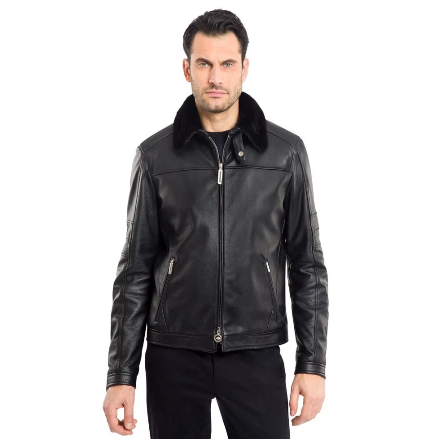 "Stefano Ricci Men's Luxury Deerskin Blouson Jacket with Genuine Mink Fur Collar"