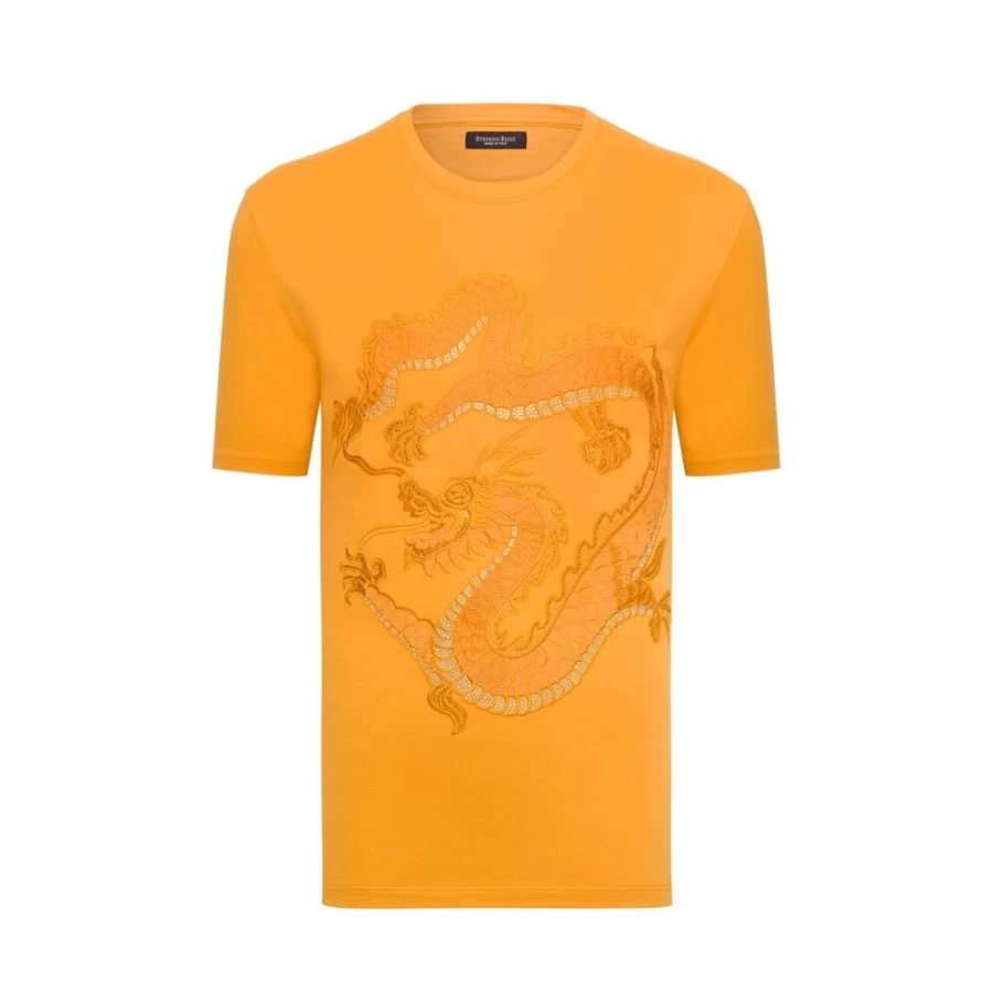 Stefano Ricci Men's Luxury T-Shirt with Chinese Dragon Design & Swarovski Crystal Embellishments in Y011 Gold Color