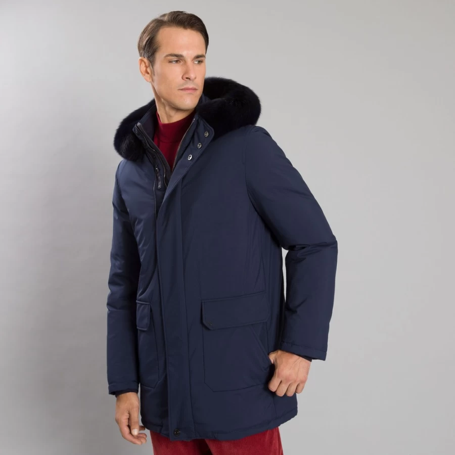 Stefano Ricci Men's Luxury Hooded Down Jacket with Genuine Fox Fur Trim