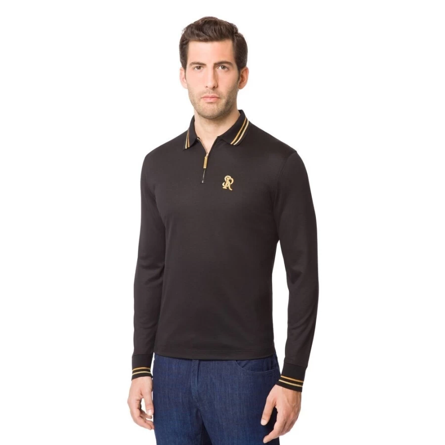 Stefano Ricci Men's Premium Long Sleeve Piqué Zip Polo Shirt