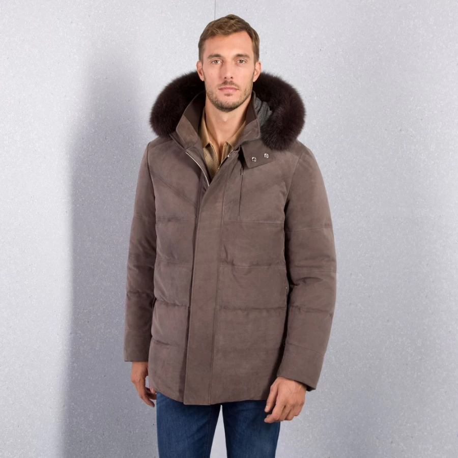 "Stefano Ricci Men's Luxurious Nubuck Jacket with Fox Fur Hood – Premium Padded Outerwear"