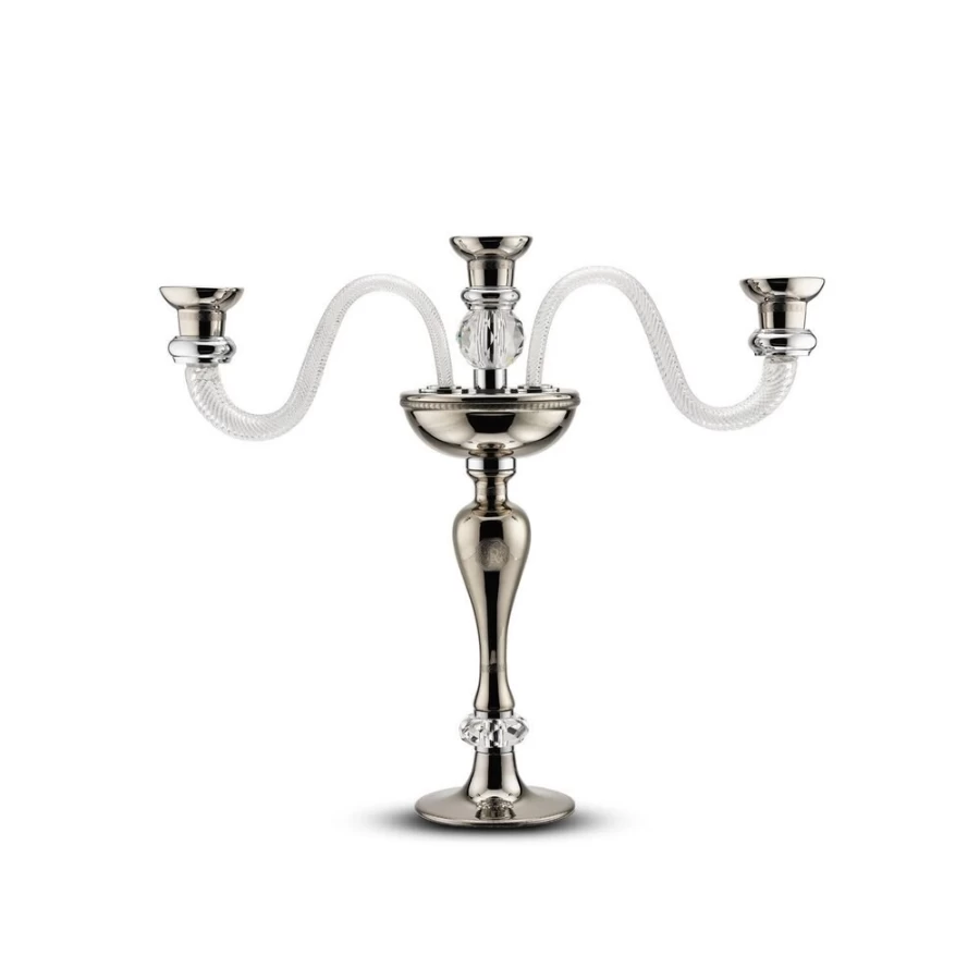 "Stefano Ricci Luxury Platinum Finish Three-Arm Candle Holder - Elegant Shiny Home Decor"