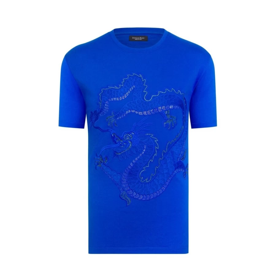 Stefano Ricci Men's Luxury T-Shirt with Chinese Dragon Design and Swarovski Crystal Embellishments in Color B019