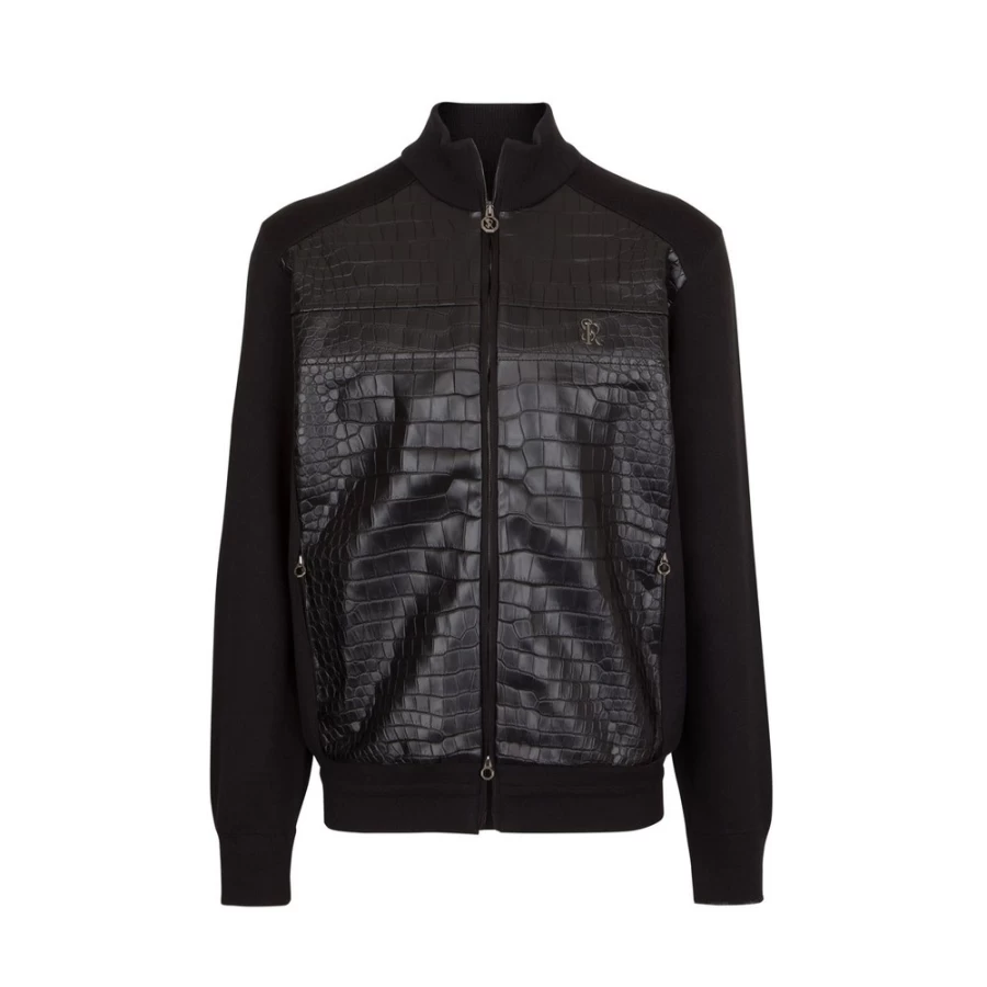 "Stefano Ricci Men's Luxury Blouson Jacket in Silk, Cotton, and Exotic Crocodile Leather"