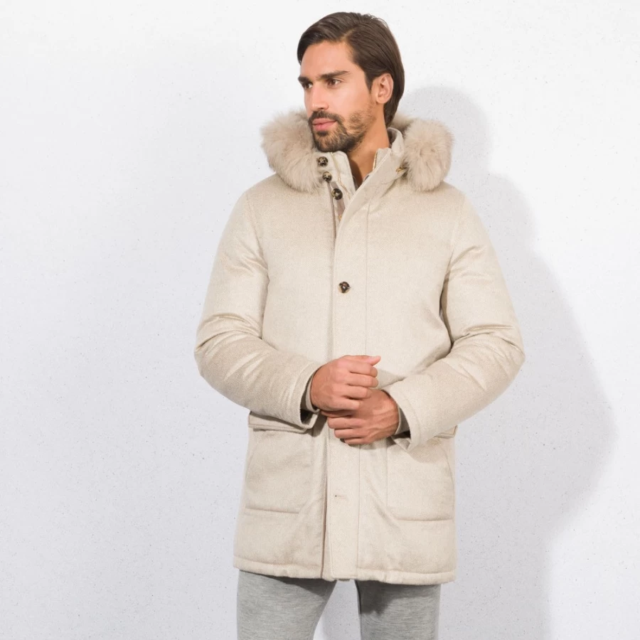 "Stefano Ricci Men's Luxury Hooded Down Jacket with Fox Fur Trim"