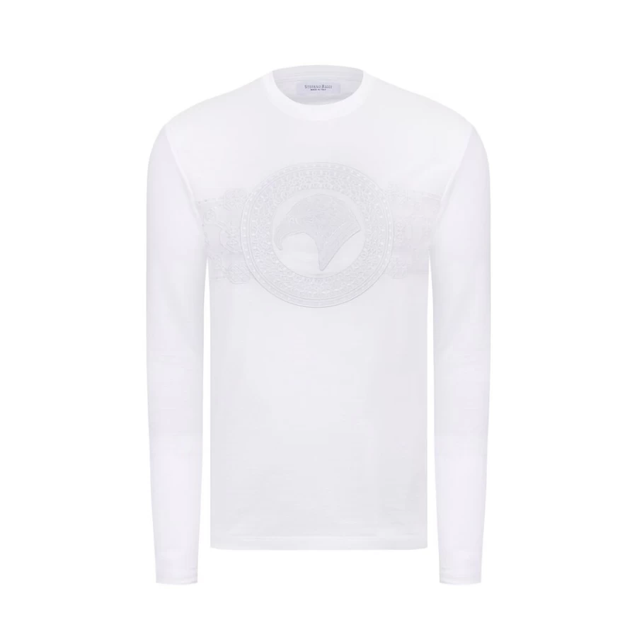 Stefano Ricci Men's Eagle Head Embroidered Long Sleeve T-Shirt in White